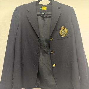 Vintage Lauren Ralph Lauren Blazer Womens 8 Navy Blue 3D Crested Suit Jacket